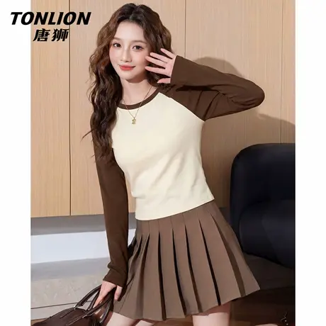 唐狮官方撞色插肩长袖t恤女春秋款2026新款小个子修身显瘦上衣VB图片