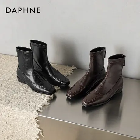 达芙妮加绒短靴女2026新款冬季平底瘦瘦靴法式方头切尔西靴马丁靴商品大图