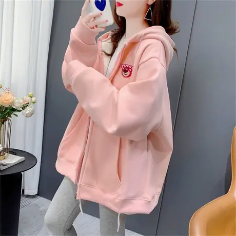 刺绣卡通加绒加厚连帽卫衣开衫女2022新款秋冬宽松慵懒风减龄外套商品大图