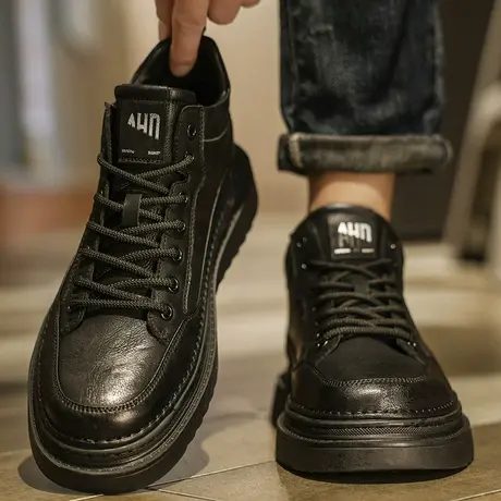 男鞋秋冬季潮流纯黑英伦皮鞋男士防水真皮板鞋工装马丁鞋2023新款商品大图