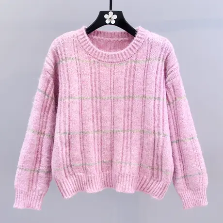 撞色条纹套头毛衣女秋冬2023新款宽松慵懒风加厚圆领打底针织上衣商品大图