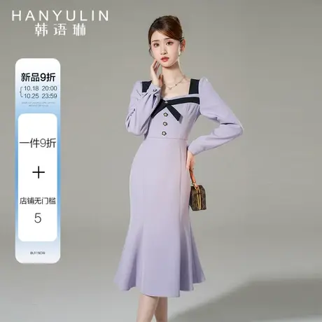 韩语琳法式方领长袖连衣裙秋款女2023新款气质修身高级感秋冬裙子商品大图