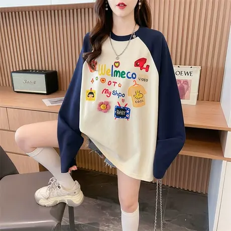 撞色长袖t恤女2023新款宽松中长款遮屁股加绒加厚德绒内搭打底衫图片