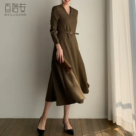 百洛安气质V领长袖格子连衣裙女秋冬新款时尚高腰系带a字大摆长裙图片