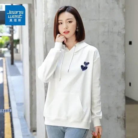 真维斯卫衣女纯棉舒适柔软2023新款蓝色爱心印花连帽女装学生外套商品大图