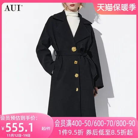 AUI黑色御姐气质中长款毛呢外套女2023秋冬新款欧货修身呢子大衣图片