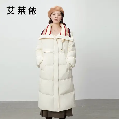 艾莱依针织领羽绒服女2023新款设计感拼接翻领长款时尚英伦外套冬商品大图