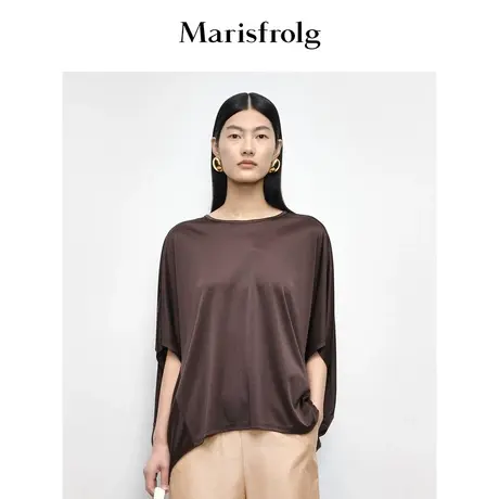 【精简美学】玛丝菲尔秋季咖色三醋酸时尚龟背短袖T恤图片