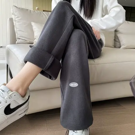 灰色运动裤女卫裤秋季宽松束脚2024新款两穿垂感直筒休闲阔腿裤子图片