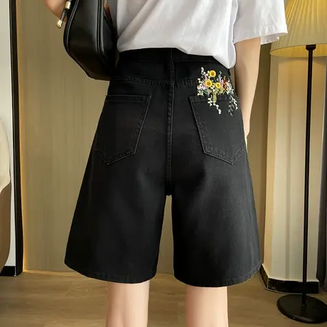 黑色刺绣牛仔短裤女夏季薄款宽松百搭设计感高腰五分显瘦阔腿中裤商品大图