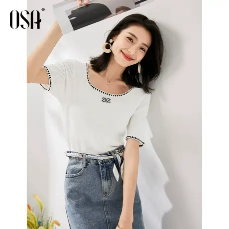 OSA欧莎薄款白色冰丝方领短袖针织衫女夏季2023新款气质显瘦上衣商品大图