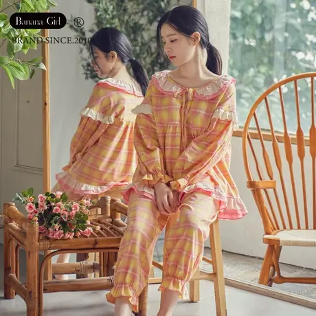 Bananagirl睡衣女春秋新款格子家居服花边甜美减龄可外穿女士套装商品大图
