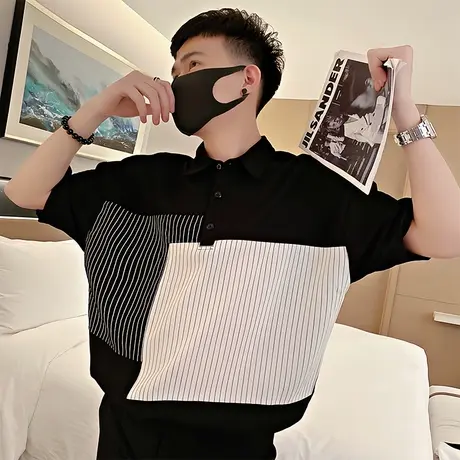 时尚拼接撞色条纹高级感五分短袖polo衫发型师潮男半袖t恤衬衣商品大图