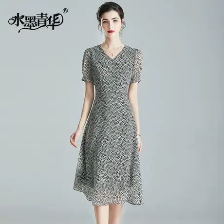 水墨青华女装新款时尚舒适花色裙子短袖大摆型雪纺连衣裙夏商品大图