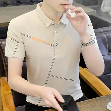 新款短袖男士T恤修身翻领印花半袖polo衫社会青年潮流男装夏季t恤商品大图