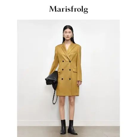 【商场同款】玛丝菲尔2023年秋季新款黄色绵羊毛双排扣西装连衣裙商品大图