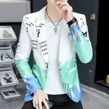 2023新款春季韩版修身小西装男外套ins潮流痞帅气印花渐变色西服图片