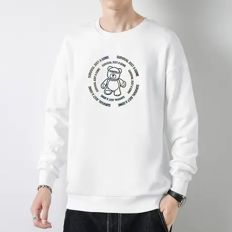 白色卫衣男潮ins春秋款加绒圆领无帽上衣宽松潮流小熊印花长袖t恤商品大图
