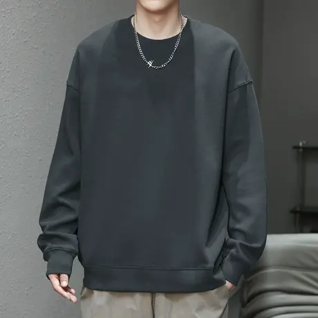 350g重磅卫衣男春秋款圆领长袖t恤无帽衫纯色灰色上衣服宽松潮流商品大图