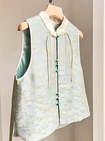 素飞【T60372】新中式背心织锦提花国风盘扣立领上衣马甲女商品大图