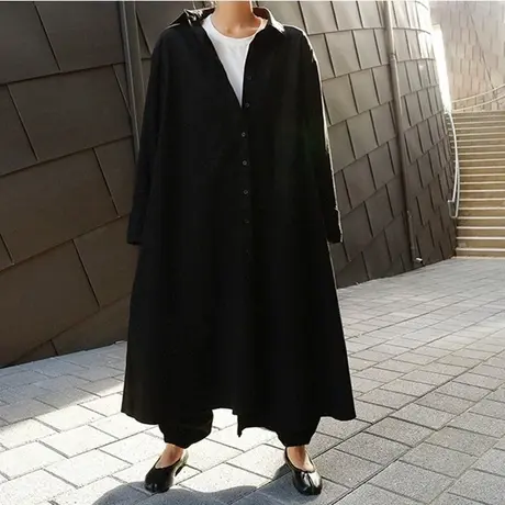 春秋新款黑色衬衫连衣裙女过膝长款韩版宽松大码大摆型衬衣时尚裙图片