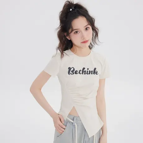 尔给侧开叉短袖t恤女小个子独特别致收腰设计感短款小上衣女夏季商品大图