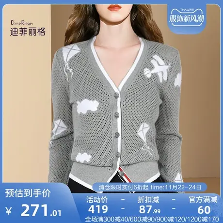 迪菲丽格减龄撞色提花针织开衫早秋2023年新款女镂空薄款修身上衣图片