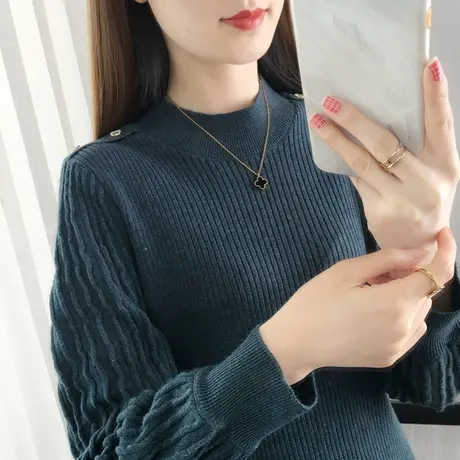 半高领毛衣女2025春季复古纯色短款套头长袖针织灯笼袖洋气上衣潮商品大图