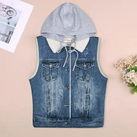 秋冬新款韩版加厚加绒羊羔毛牛仔马甲女棉马夹背心无袖带帽大码图片