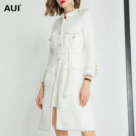 白色欧美风手工钉珠粗花呢子大衣女中长款2022秋冬新款毛呢外套潮图片