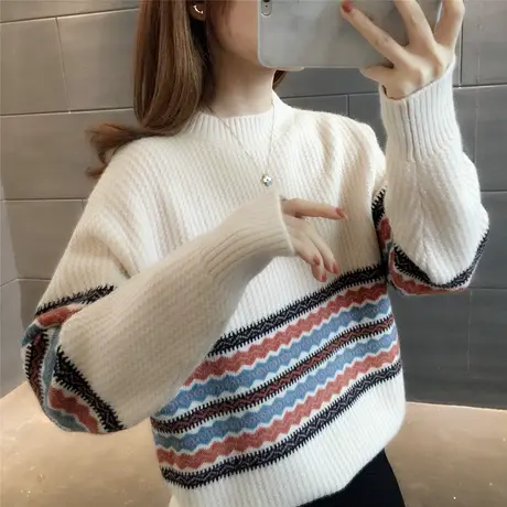 圆领宽松洋气减龄百搭长袖毛衣女2023秋冬新款针织衫套头毛衣加厚商品大图