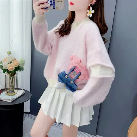 温柔风奶绿色圆领套头毛衣女秋季2023新款宽松设计感软糯针织上衣商品大图