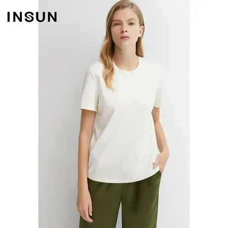 INSUN恩裳春季棉质弹力百搭白色T恤图片