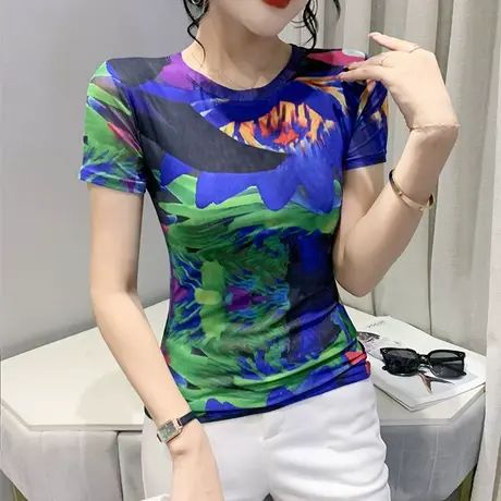 涂鸦印花短袖女2024夏季新款时尚网纱T恤修身显瘦圆领上衣小衫ins商品大图