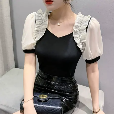 欧货泡泡袖T恤女短袖2024夏装新款网纱拼接性感V领上衣气质小衫潮图片
