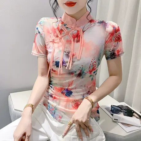 设计感立领盘扣T恤女短袖复古气质小衫性感网纱上衣时尚印花体恤商品大图