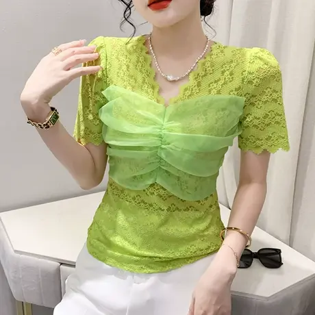 欧货性感V领蕾丝衫女短袖夏天设计感网纱拼接上衣别致修身显瘦T恤图片