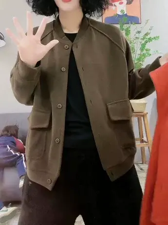 复古时尚纯色短款外套女2023年春秋季新款宽松大码休闲棒球服上衣商品大图