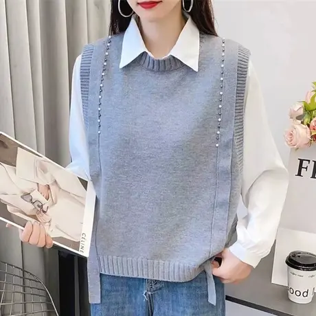 2023秋冬新品圆领无袖马甲时尚洋气钉珠叠穿内搭针织背心坎肩外穿图片