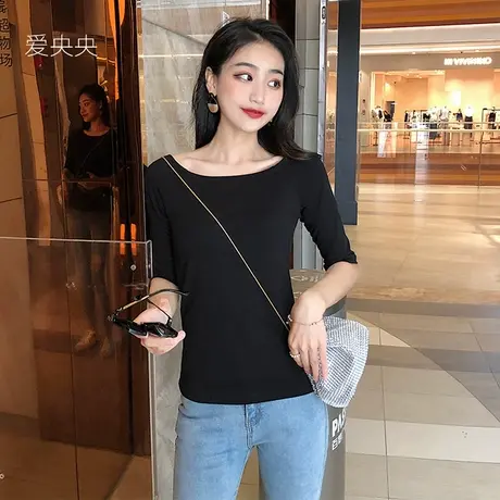 一字领纯棉中袖短袖t恤女黑色夏季新款五分半袖显瘦修身体恤上衣商品大图