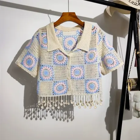 勾花镂空短袖开衫女夏季新款绣花流苏设计感小众别致上衣针织外套商品大图