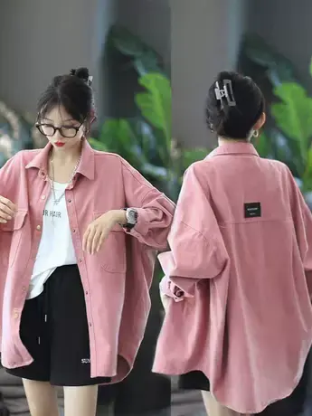 洋气宽松衬衫外套女2023秋季韩版胖MM显瘦休闲百搭叠穿加长袖上衣图片