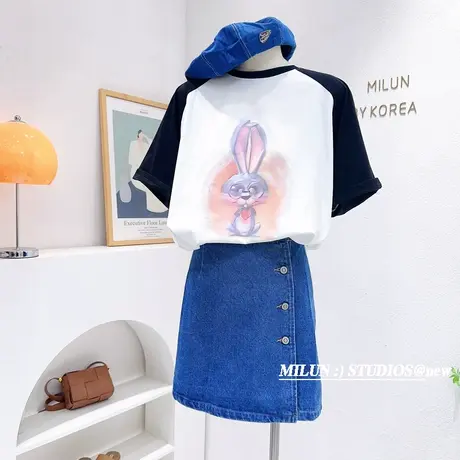 2023春夏款上衣韩国东大门原宿风港味兔子短袖tee复古美式插肩袖图片