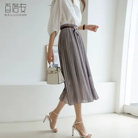 百洛安中长款半身裙女夏季新款松紧腰显瘦百褶裙通勤休闲百搭半裙图片