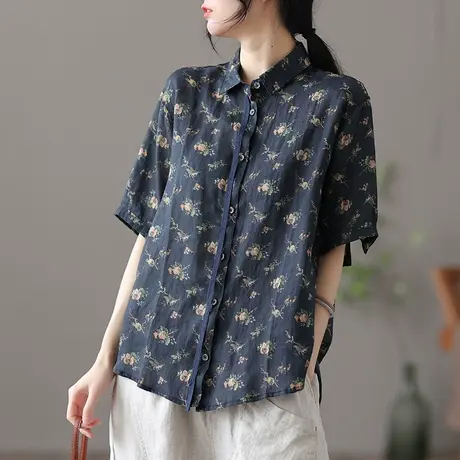 dza 文艺复古薄款短袖苎麻上衣女士衬衣新款夏季漂亮气质棉麻衬衫图片