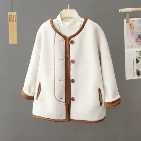 小香风羊羔毛外套女2024年冬季新款小个子宽松加厚圆领鹿皮绒外套图片