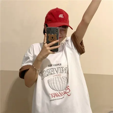 红续盐系印花撞色拼接短袖t恤女夏季美式宽松上衣2023新款设计感图片