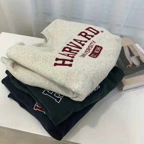 美式复古卫衣女春秋薄款韩版2022新款宽松学院风减龄休闲圆领外套商品大图