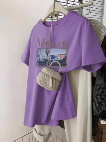 美式复古紫色印花正肩短袖t恤女夏季宽松ins潮大码情侣慵懒风上衣图片