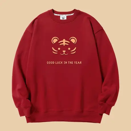 大码2022虎年红色设计感无帽卫衣女chic港风oversize国潮加绒上衣商品大图